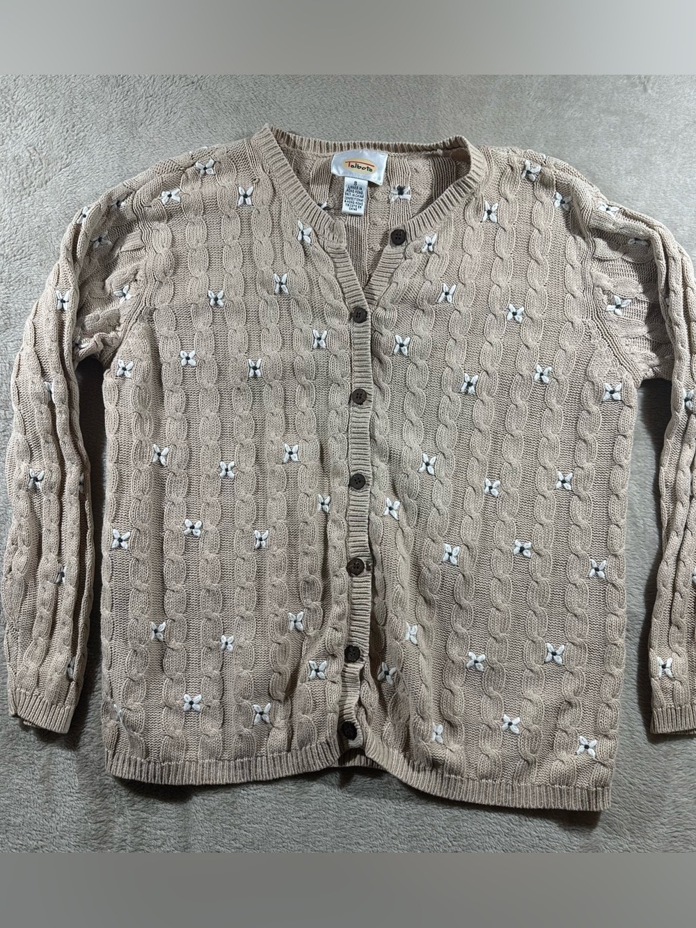 Talbots Beige Cable-Knit Cardigan with White Floral Embroidery